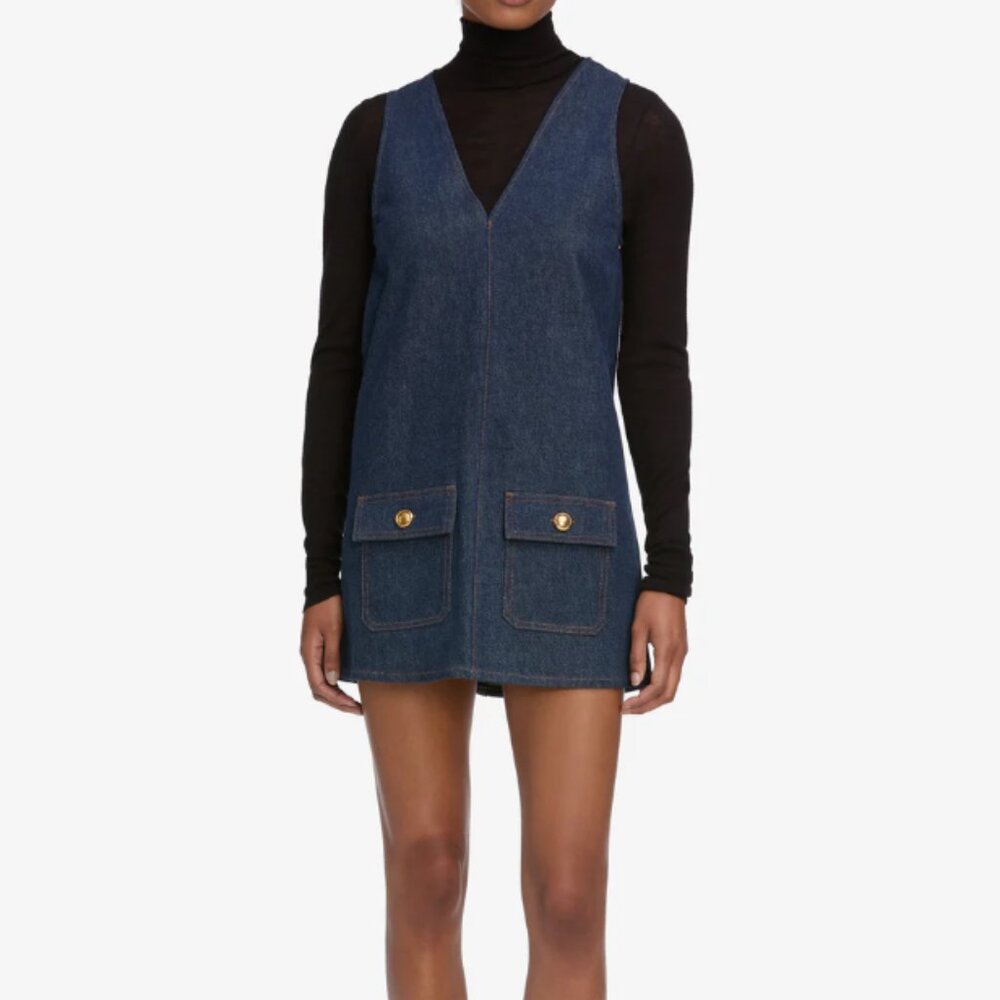Frame Denim Dark Blue Denim Mini Dress with Front Pockets